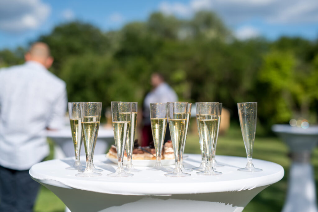 | Welcome drink, view of glasses filled with champagne on a table