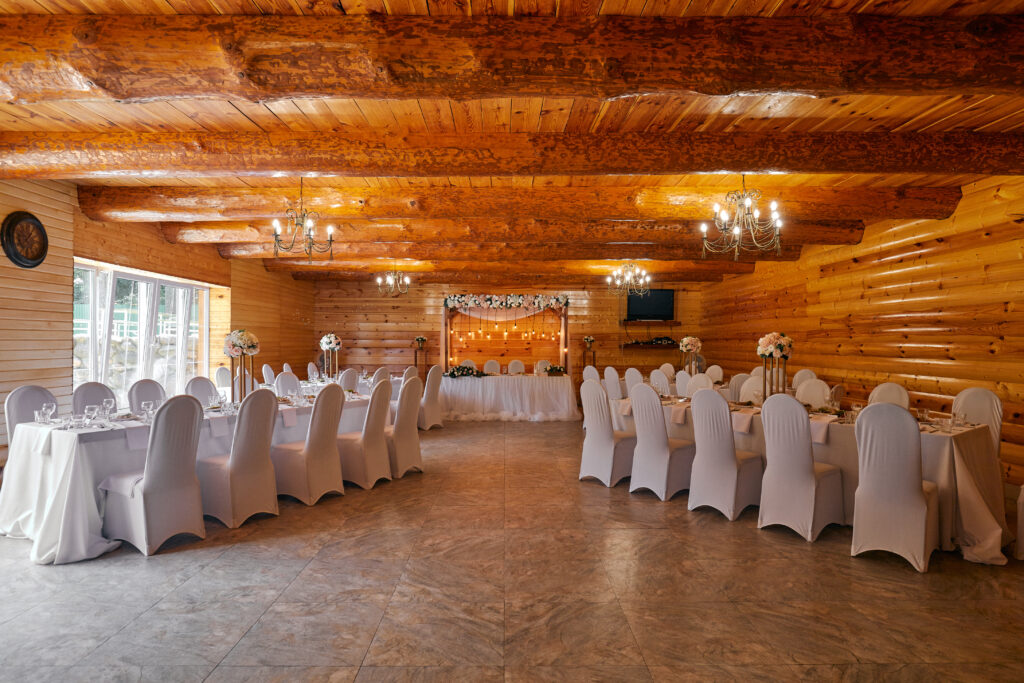 | Moscow, Russia, 04.04.2020, Indoors wedding reception venue with decor