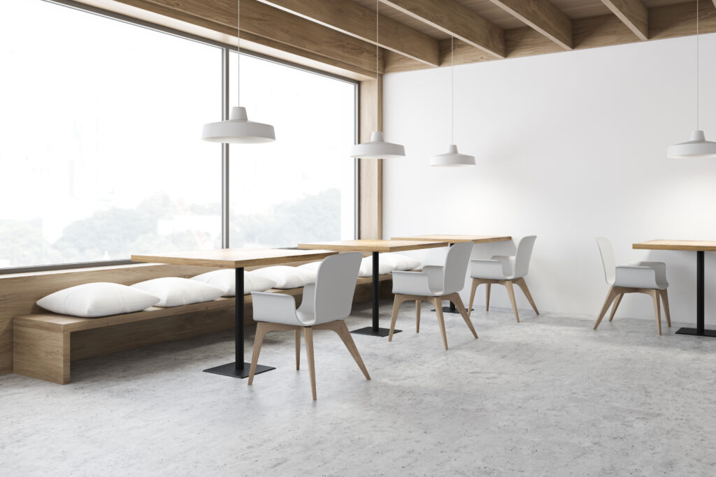 | White and wooden loft cafe corner with benches