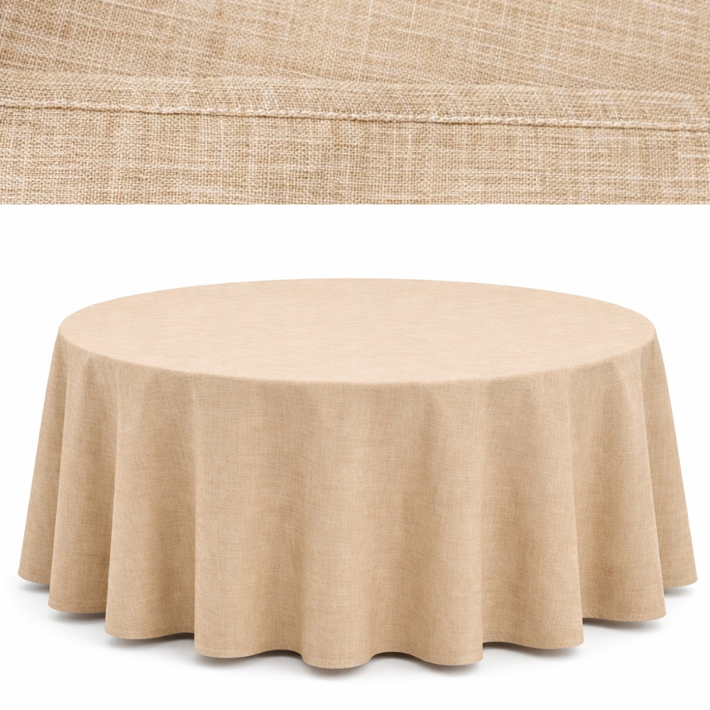 obrus płócienny beżowy „boho” fi320cm na stół bankietowy – imitacja lnu | bankietowo.pl | obrus-imitacja-lnu