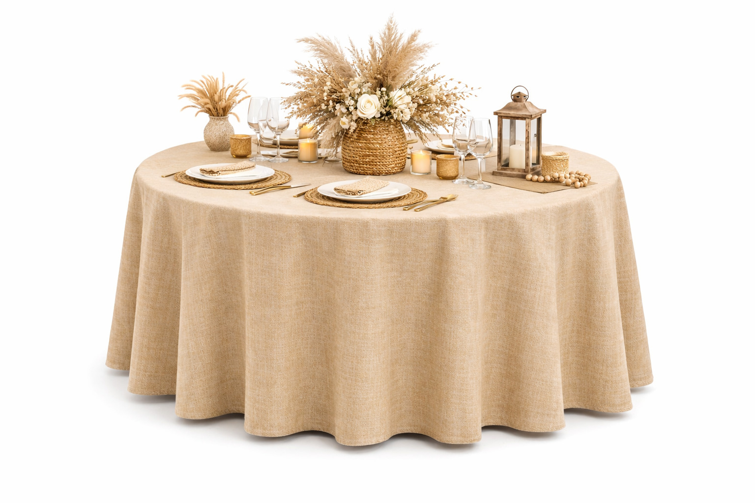 obrus płócienny beżowy „boho” fi320cm na stół bankietowy – imitacja lnu | bankietowo.pl | obrus-okragly-boho 2