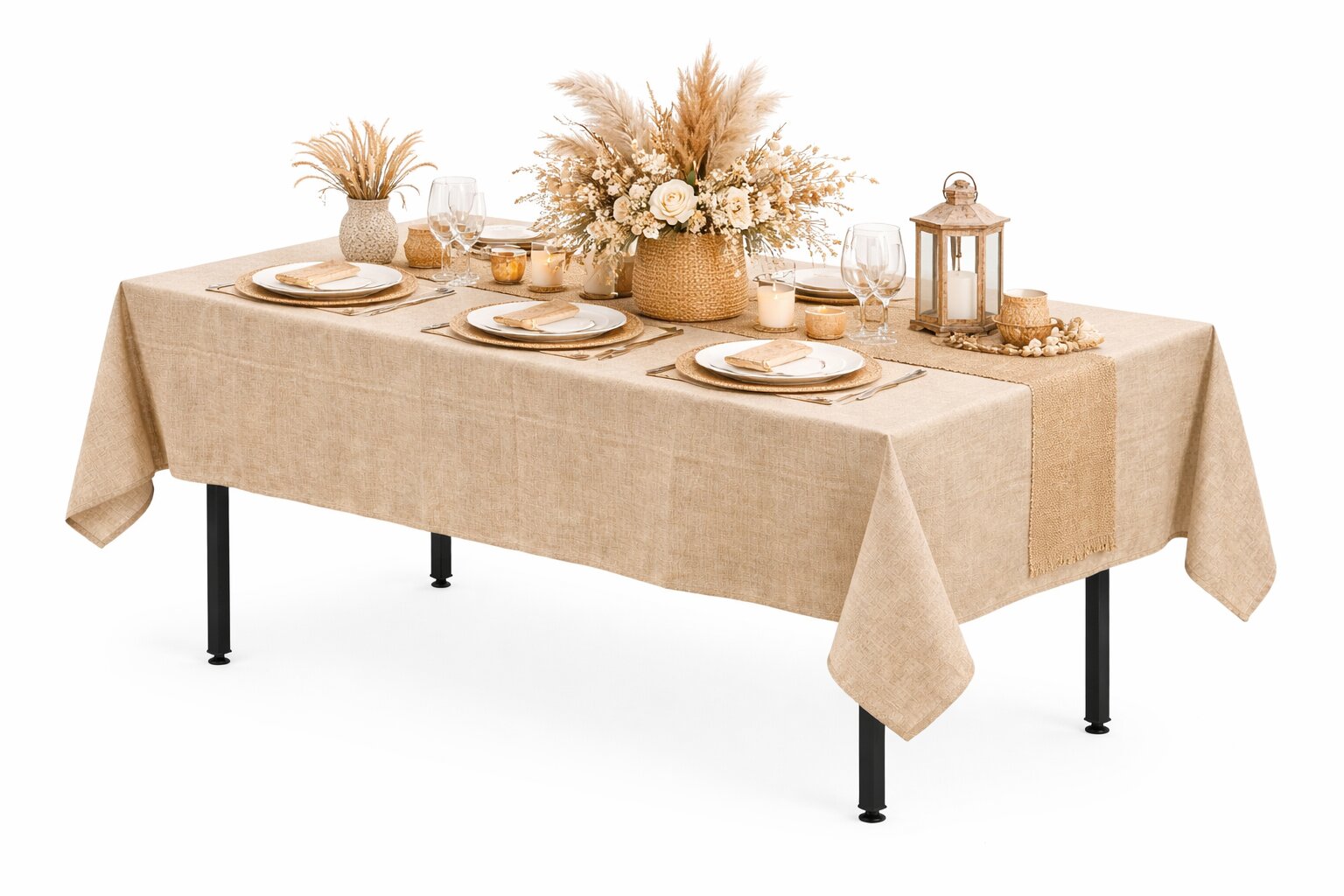 obrus płócienny beżowy „boho” 280x170cm na stół bankietowy – imitacja lnu | bankietowo.pl | obrus-prostokatny-boho 3